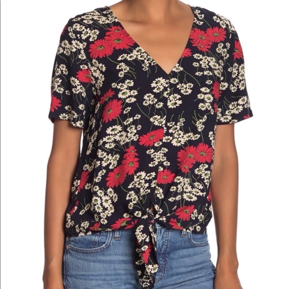 Madewell Novel Hillside Daisy Tie Front Short Sleeve Blouse Blue Size Small